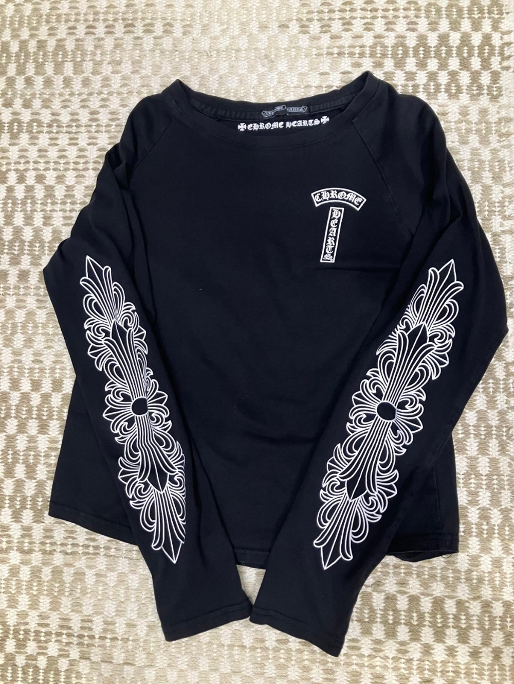 Chrome Hearts Black Long Sleeve Tee with White Sleeve Graphics